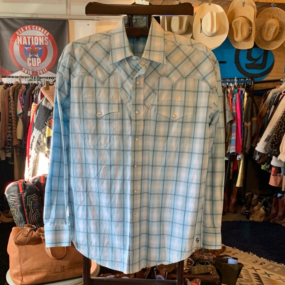 Stetson Western Pearl Snap Men's Blue Plaid Shirt